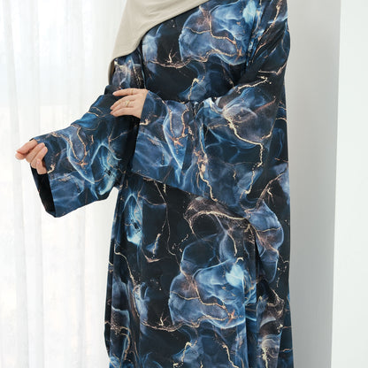Tabara InkWave Abaya – Modern Ink Wash Printed Dress