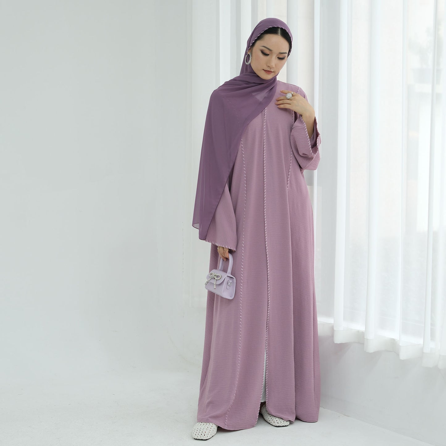 Tabara Open Abaya Set  Traditional Muslim Dress with Cardigan & Chiffon Hijab